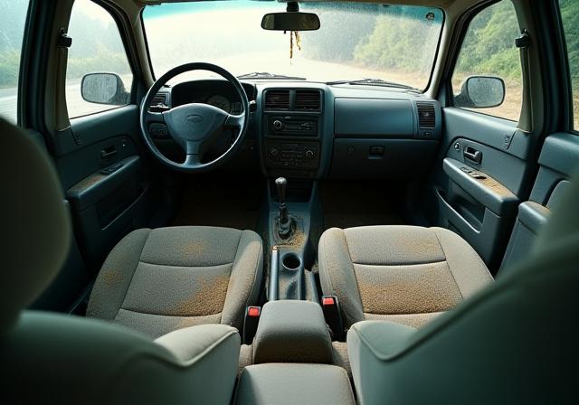 Interni di un SUV con polvere e macchie sui sedili